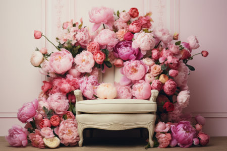 Graceful Beauty: Chinese Peony Flowers Adorn a White Chairの素材