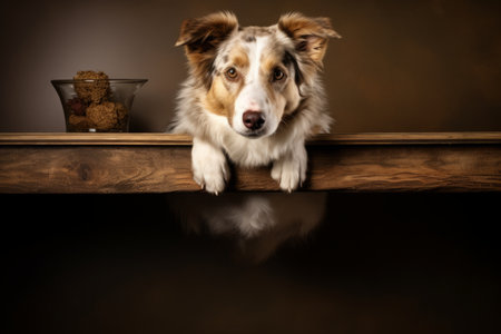 Elevated Canine: A Pooch Perched on a Wooden Shelfの素材