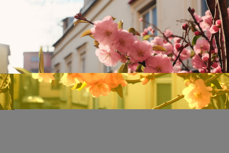 Blossoming Hope: A Branch of Pink Flowers Adorns a Tenement facÌ§ade - AR 3:2の素材