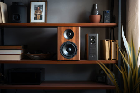 Aural Elegance: Unveiling the AR 3:2 Brown Speaker on the Shelvesの素材