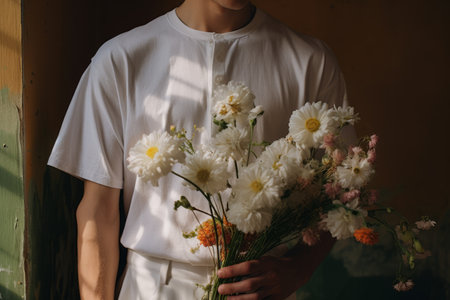 Blooming Elegance: A Person Embracing Flowers in a White Shirtの素材