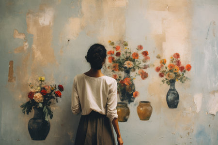 The Graceful Encounter: A Woman Embracing Artistry Amidst Blooming Serenityの素材