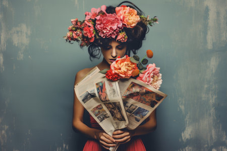 Blooming Beauty: A Woman Embracing Natures Fragrance Amidst Newsprint -AR 3:2の素材