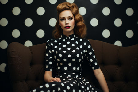 The Timeless Elegance of a Woman in Black and White Polka Dot Dressの素材