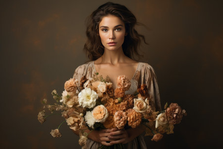 Blooming Elegance: A Woman Embracing Natures Beauty in a Brown Floral Dressの素材