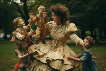 Pure Joy: A Womans Delightful Playtime with Children in the Park --ar 3:2の素材