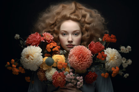 Blossoming Beauty: A Woman Embracing a Bouquet of Flowers --ar 3:2の素材