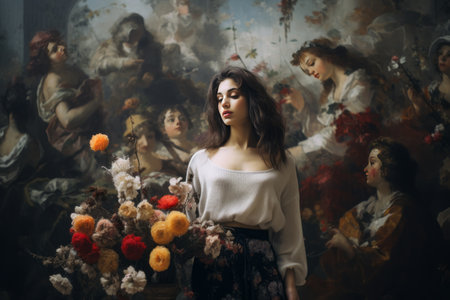 Blossoms in Art: A Captivating Woman Amidst Vibrant Paintingsの素材