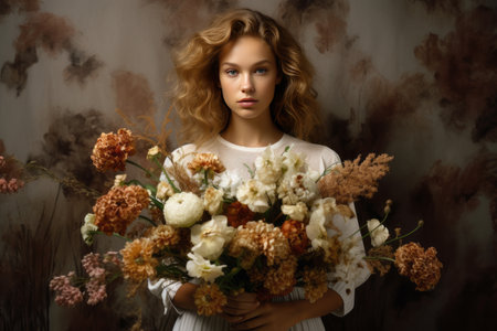 Blooming Elegance: A Woman Graced in a Brown Floral Dress Embracing a Bouquet of Flowers - AR 3:2の素材