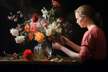 Blooming Beauty: Capturing Feminine Grace in A Woman Arranging Flowers into the Vase --ar 3:2の素材