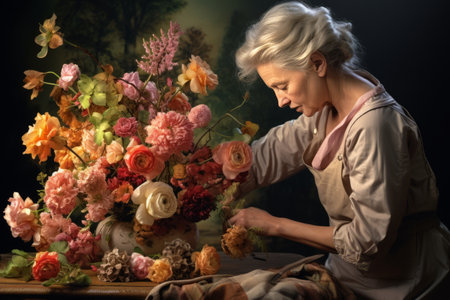 Graceful Artistry: Capturing the Enchanting Process of a Woman Arranging Flowersの素材