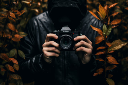 Framing Natures Beauty: A Captivating Snapshot with a Black Camera and Lush Leavesの素材