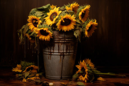 Ethereal Decay: The Bucket of Wilting Sunflowers --ar 3:2の素材