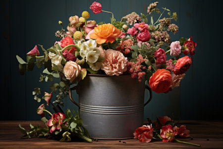 A Rustic Marvel: Vibrant Florals Blossoming in a Metal Bucket --ar 3:2の素材