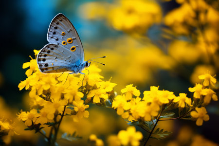 Dazzling Encounter: A Butterfly Sitting Gracefully on Yellow Flowers [AR 3:2]の素材