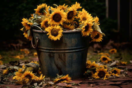 Capturing the Beauty of Decay: The Wilting Sunflowers in a Bucket --ar 3:2の素材