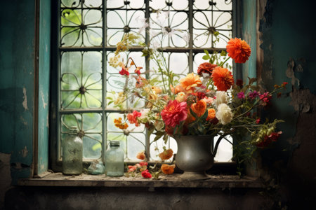 Fragrant Offerings Through a Barred Window: A Vivid Display of Natures Beautyの素材