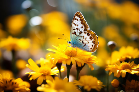 Vibrant Beauty: A Butterfly Resting on a Yellow Petaled Flower in Daylight - AR 3:2の素材