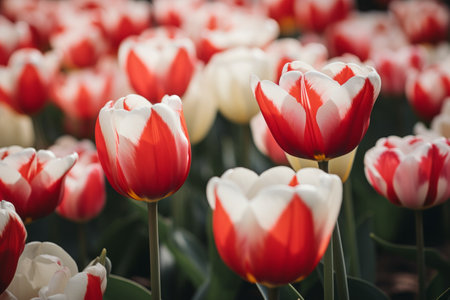 Blossoming Beauty: Stunning Close Up Photography Capturing the Brilliance of Red and White Tulips (Aの素材