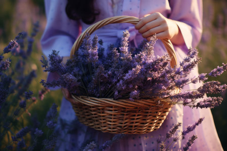 Lavender Bliss: A Stunning Close Up of a Woman Graced by a Basket filled with Fragrant Flowersの素材