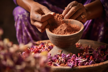 Precise Artistry: Captivating Close-Up of Woman Grinding Dry Flowers in a Mortarの素材