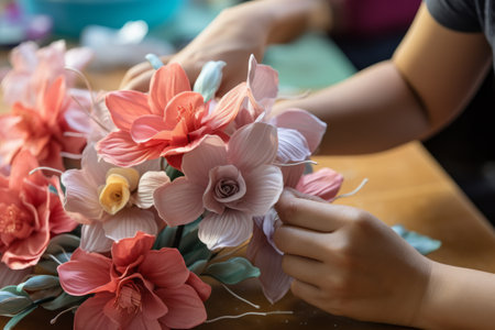 Captivating Floral Crafts: An Artistic Close-up of Making Flower Decorations in AR 3:2の素材