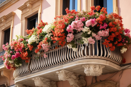 Blooming Beauty: Exquisite Flower Decoration Adorns Building Balcony in a 3:2 Artistic Arrangementの素材