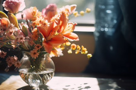 Blooming Elegance: Captivating Flower Arrangement through a Blurry Glass - AR 3:2の素材