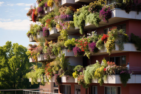 Blossoming Beauty: Vibrant Flower Bearing Plants Grace Building Balconies --ar 3:2の素材