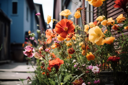 Architectural Harmony: Flowers Adorn the Building in Perfect Ratio 3:2の素材
