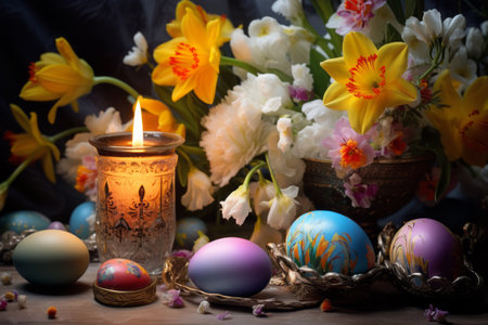 Blooming Beauty: A Celebration of Flowers, Candles, and Easter Eggsの素材