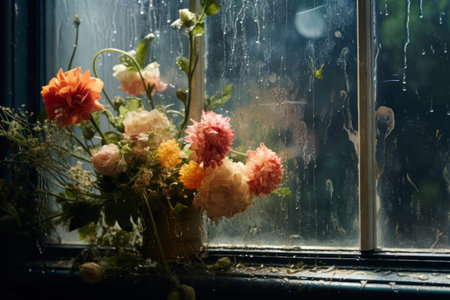 Dew-Kissed Flowers Captured Behind a Rain-Streaked Windowの素材