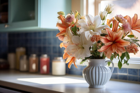 Blooming Elegance: Kitchen Counter Beautified with Flowers (AR 3:2)