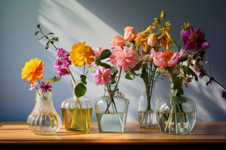 Blooming Beauty: Captivating Glass Vases Gracefully Enveloped by Vibrant Flowers at a 3:2 Angleの素材