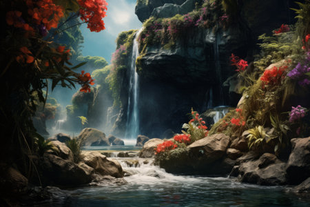 Natures Symphony: Flowers and a Majestic Waterfall amid Scenic Splendorの素材