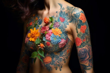 Blossoming Beauty: The Enchanting Display of Flowers on a Womans Body --ar 3:2の素材