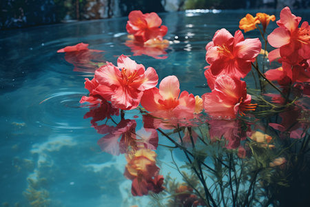 Blossoming Beauty: Flowers Embracing the Pool Through a 3:2 Artistic Lensの素材