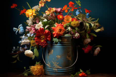 Blooming Beauty: Exquisite Flowers in a Tin Bucketの素材