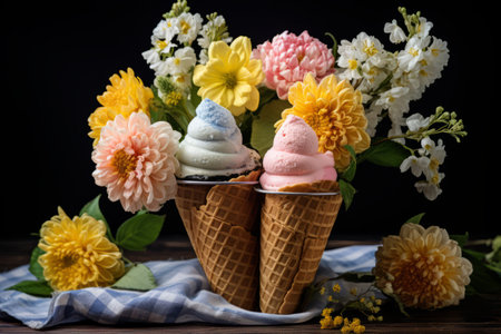 Blooming Citrus Delight: Fresh Flowers in Waffle Cones near Lemon - AR 3:2の素材