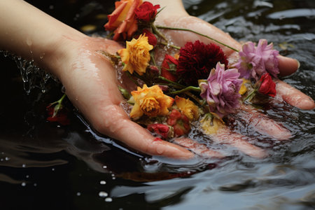 Drenched in Beauty: Captivating Flowers on a Persons Wet Hand --ar 3:2の素材