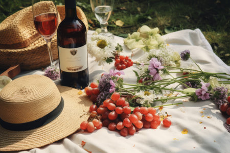 Basking in Natures Delights: A Picnic Blanket of Flowers, Straw Hats, Food, and Wineの素材
