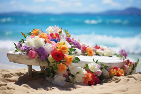 Serenity Blooms: Sun-Kissed Flowers on Beach Sunbedの素材