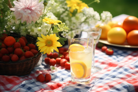 A Perfect Summer Picnic: Bountiful Fresh Fruits, Vibrant Bouquet, and Refreshing Glasses of Lemonadeの素材