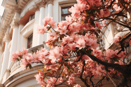 Blooming Beauty: Exquisite Flowers on a Tree Grace the Buildings Exterior --ar 3:2の素材