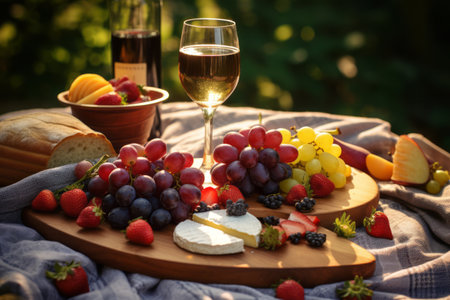 Quaint Picnic Delights: A Harmonious Pairing of Fruits and Wine on a Rustic Wooden Boardの素材