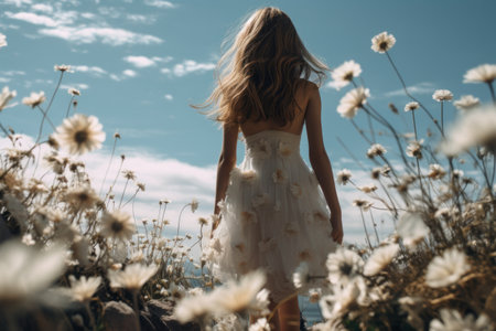 Ethereal Beauty: A Girl Gracefully Standing Amidst White Petaled Flowersの素材