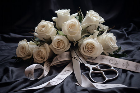 Captivating Contrast: Gray Scissors Amidst White Rosesの素材