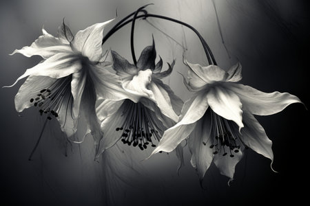 Capturing the Delicate Beauty: Grayscale, Scratched Bell Flowers Cluster - AR 3:2の素材