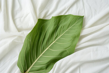 Nature-inspired Art: Green Leaf Flourishing on White Textileの素材