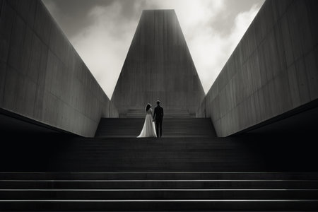 Eternal Love in Monochrome: Captivating Bride and Groom Ascending Concrete Stairsの素材